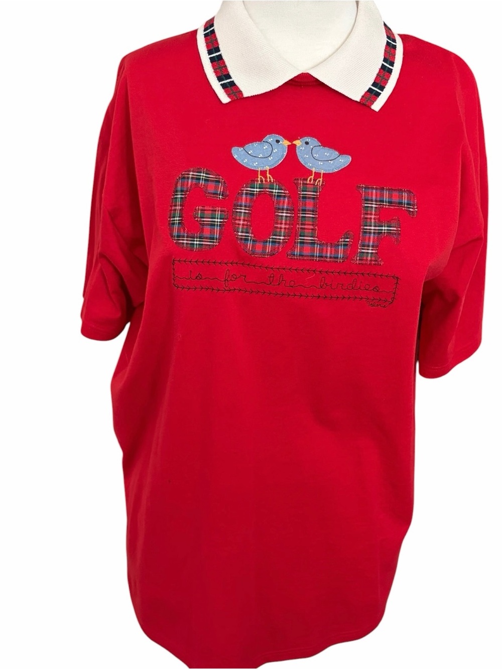 Vtg Valorie Folk Art Red Polo Shirt with Plaid 'GOLF' is for the birdies Size XL